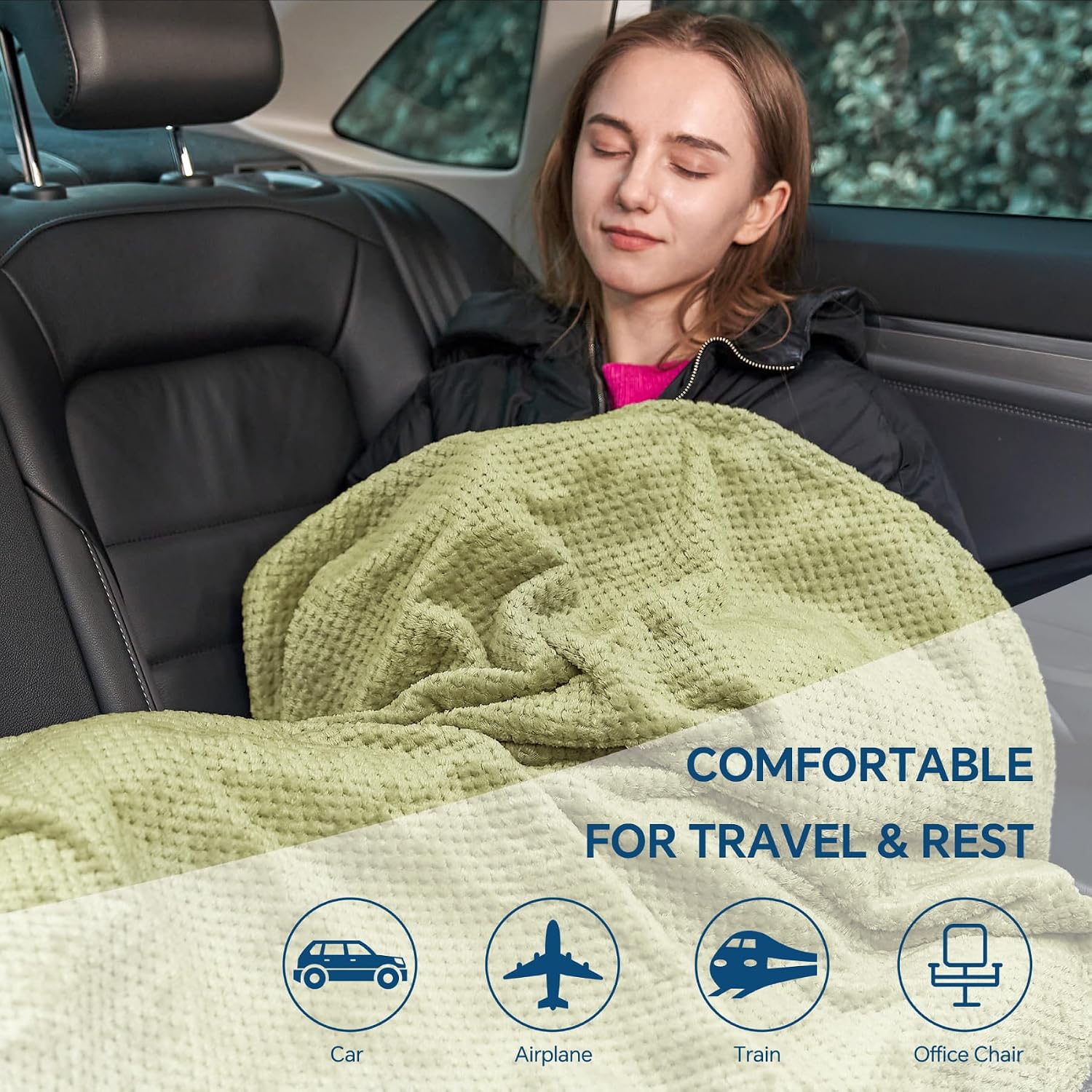 BEDELITE Travel Blanket with Bag, Jacquard Fleece Blanket 65"x40", Sage - Image 7