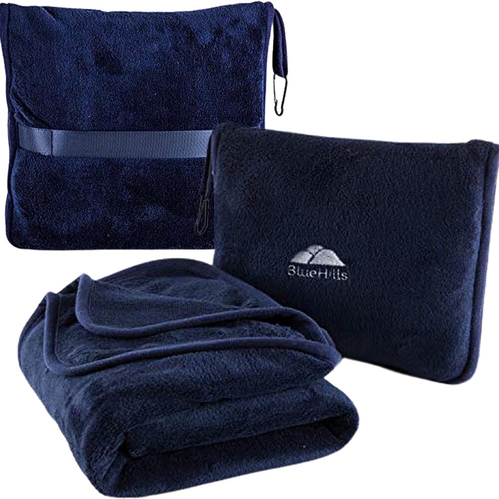 BlueHills Premium Soft Travel Blanket Pillow Airplane Compact - Navy Blue