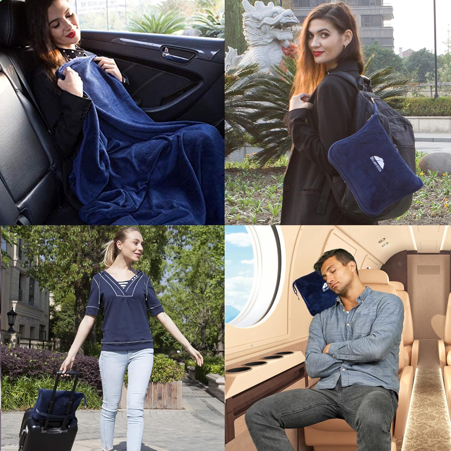 BlueHills Premium Soft Travel Blanket Pillow Airplane Compact - Navy Blue - Image 3